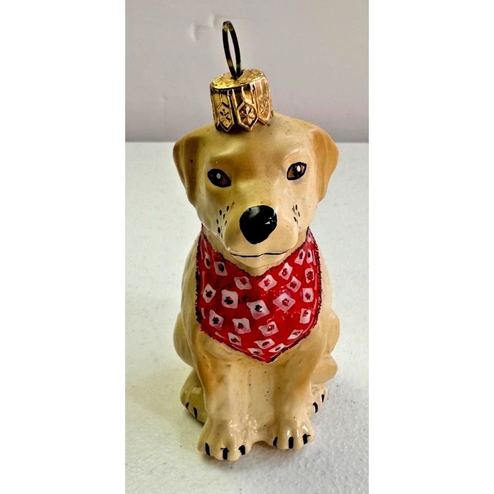 Golden Lab Labrador‎ Dog European Blown Glass Christmas Ornament Bandana Yellow